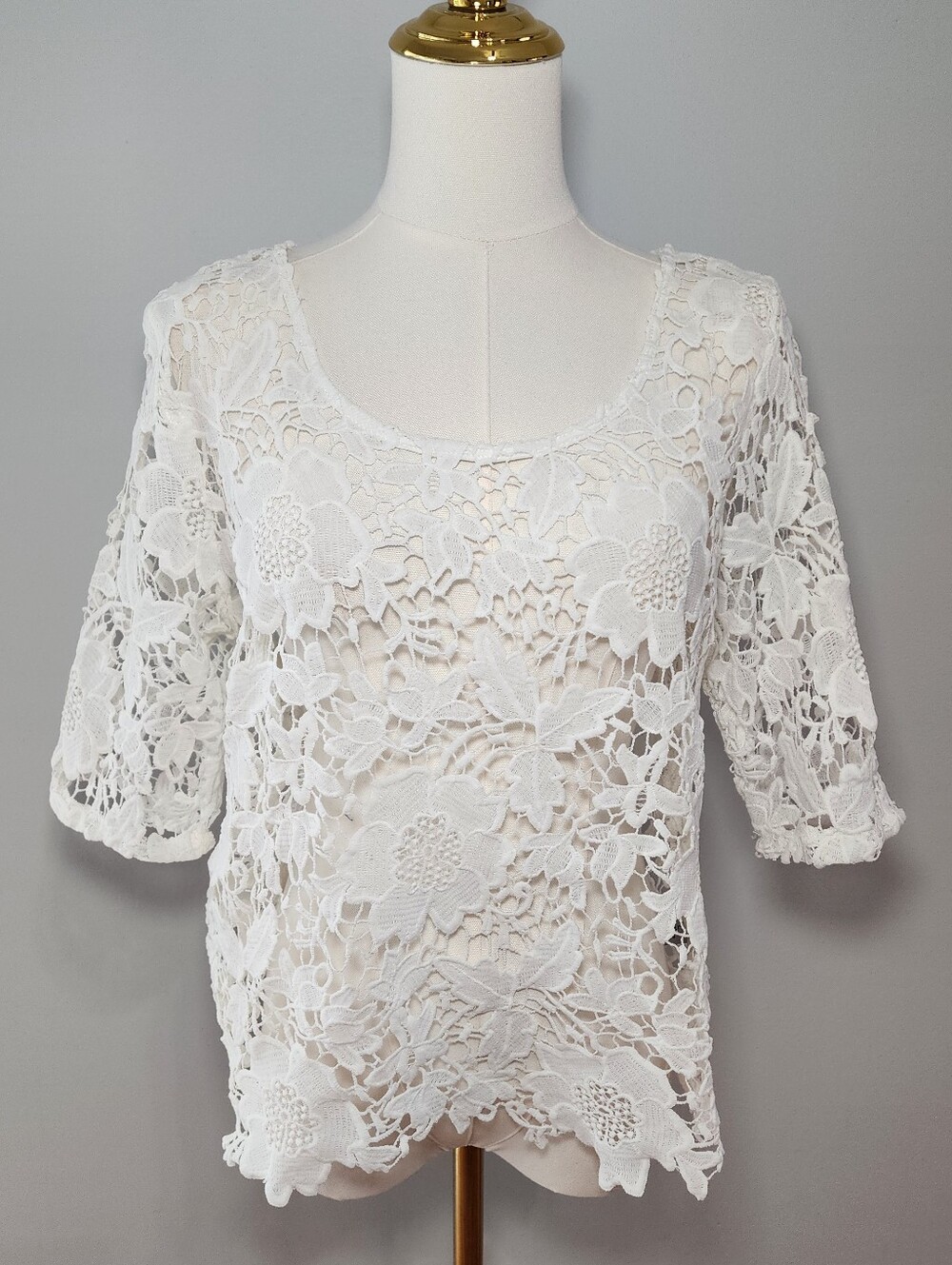 Guipure Lace Cropped Blouse Crocheted Off White Casual Floral Top Size L